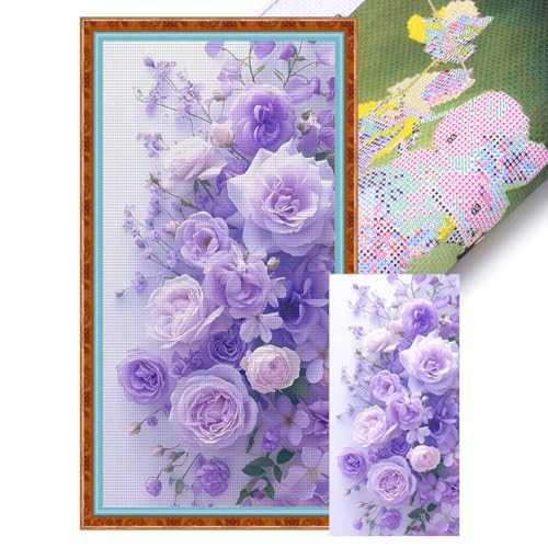 CHANGYUE Komplettes Stickerei-Kreuzstichset aus Öko-Baumwolle, 11 CT, bedruckt mit Rosen, 40 x 76 cm von CHANGYUE