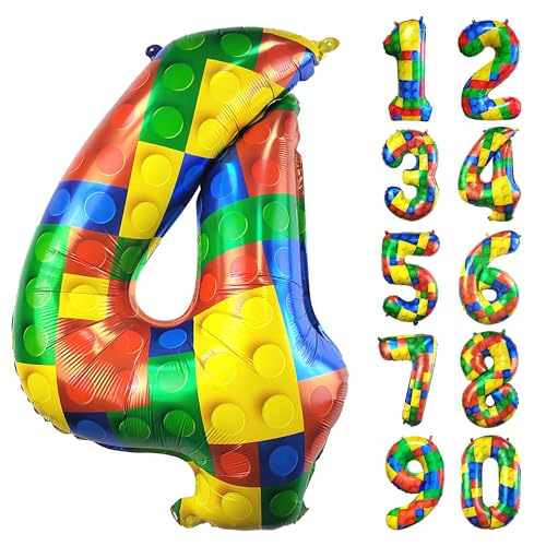 CHANGZHONG 81,3 cm große Luftballons mit Baustein-Zahl 4, 4 Jahre alt, großer Helium-Folie, Mylar-Ballon für Mädchen und Jungen, Party-Dekorations-Zubehör von CHANGZHONG