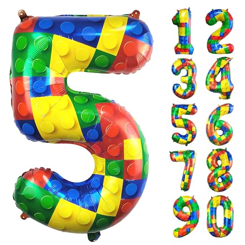 CHANGZHONG 81,3 cm große Luftballons mit Baustein-Zahl 5, 5 Jahre alt, großer Helium-Folie, Mylar-Ballon für Mädchen und Jungen, 5. Geburtstag, Partydekoration, Zubehör von CHANGZHONG