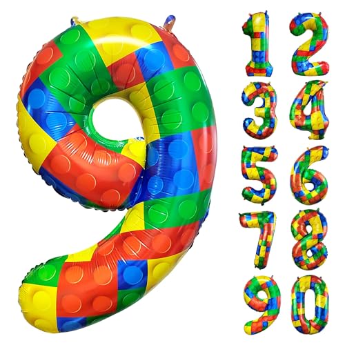 CHANGZHONG 81,3 cm große Luftballons mit Baustein-Zahl 9, 9 Jahre alt, großer Helium-Folie, Mylar-Ballon für Mädchen und Jungen, 9. Geburtstag, Party-Dekorations-Zubehör von CHANGZHONG
