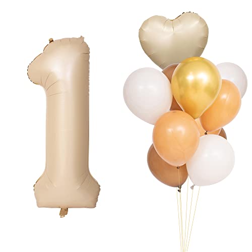 CHANGZHONG Luftballons 1 Folienballon Zahl 1 Geburtstag Karamell Hellbraun Folienballon Zahlenballon 1 mit 8 Latexballons und ein Herzballon Riesenzahl Party Hochzeit Kindergeburtstag Geburtstag von CHANGZHONG
