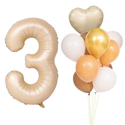 CHANGZHONG Luftballons 3 Geburtstag Karamell Hellbraun Folienballon Zahlenballon 3 mit 8 Latexballons und ein Herzballon Riesenzahl Party Hochzeit Kindergeburtstag Geburtstag von CHANGZHONG