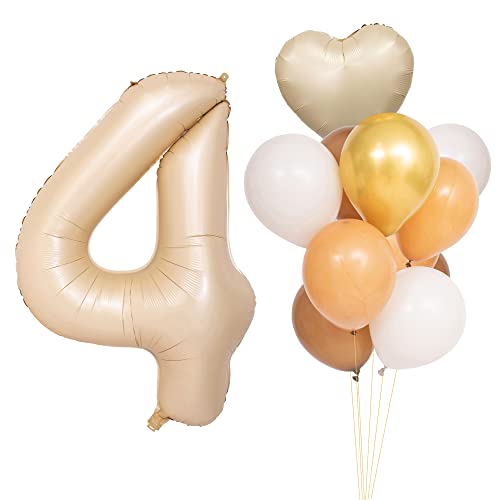 CHANGZHONG Luftballons 4 Geburtstag Karamell Hellbraun Folienballon Zahlenballon 4 mit 8 Latexballons und ein Herzballon Riesenzahl Party Hochzeit Kindergeburtstag Geburtstag von CHANGZHONG
