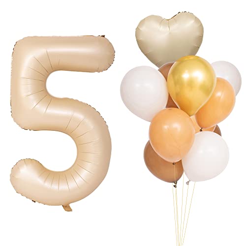 CHANGZHONG Luftballons 5 Geburtstag Karamell Hellbraun Folienballon Zahlenballon 5 mit 8 Latexballons und ein Herzballon Riesenzahl Party Hochzeit Kindergeburtstag Geburtstag von CHANGZHONG
