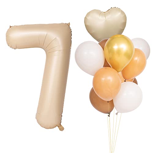 CHANGZHONG Luftballons 7 Geburtstag Karamell Hellbraun Folienballon Zahlenballon 7 mit 8 Latexballons und ein Herzballon Riesenzahl Party Hochzeit Kindergeburtstag Geburtstag von CHANGZHONG