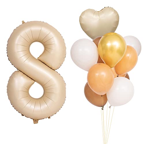 CHANGZHONG Luftballons 8 Geburtstag Karamell Hellbraun Folienballon Zahlenballon 8 mit 8 Latexballons und ein Herzballon Riesenzahl Party Hochzeit Kindergeburtstag Geburtstag von CHANGZHONG