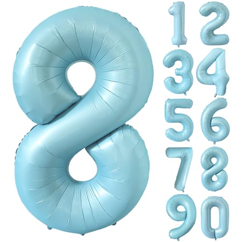 Folienballon Zahl 8 Matt Blau 40 Zoll Mylar Helium Ballon für Geburtstag Party Dekorationen Hellblau 8 Luftballons Mädchen Jungen Babyparty Hochzeitstag Supplies (Nummer 8) von CHANGZHONG