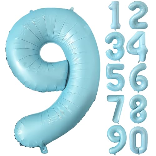 Folienballon Zahl 9 Matt Blau 101.6 cm Mylar Helium Ballon für Geburtstag Party Dekorationen Hellblau 9 Luftballons Mädchen Jungen Babyparty Hochzeitstag Supplies (Nummer 9) von CHANGZHONG