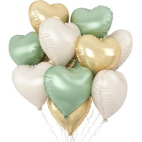Folienballon in Herzform, Grün, Gold, cremefarben, 45,7 cm, 20 Stück, herzförmige Folienballons für Valentinstag, Hochzeit, Jahrestag, Geburtstag, Brautparty, Babyparty, Party-Dekorationen von CHANGZHONG