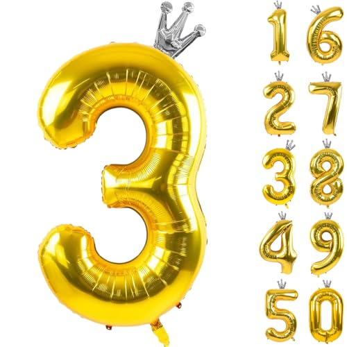 Goldener Ballon mit Zahl 3 mit Krone, 101,6 cm, goldene Zahlenballons 0–9, für Geburtstagsparty, Jahrestag, Dekorationen, Zubehör Goldener Ballon mit Zahl 3 mit Krone, 101,6 cm, goldene Zahlenballons 0–9, für Geburtstagsparty, Jahrestag, Dekorationen, Zubehör von CHANGZHONG