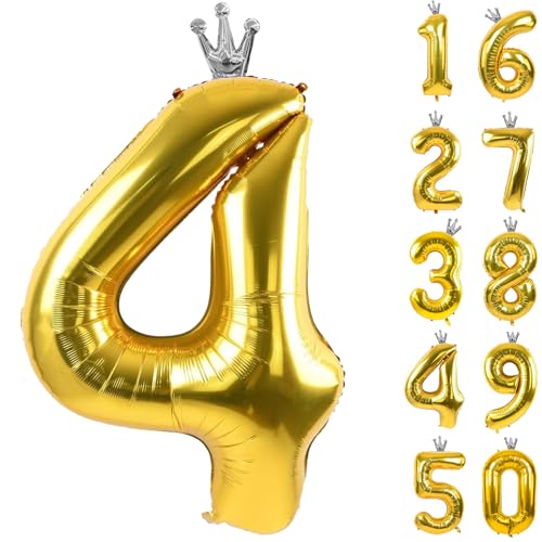 Goldener Ballon mit Zahl 4 mit Krone, 101,6 cm, goldene Zahlenballons 0–9, für Geburtstagsparty, Jahrestag, Dekorationen, Zubehör Goldener Ballon mit Zahl 4 mit Krone, 101,6 cm, goldene Zahlenballons 0–9, für Geburtstagsparty, Jahrestag, Dekorationen, Zubehör von CHANGZHONG