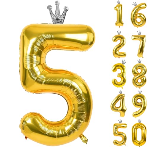 Goldener Ballon mit Zahl 5 mit Krone, 101,6 cm, goldene Zahlenballons 0–9, für Geburtstagsparty, Jahrestag, Dekorationen, Zubehör Goldener Ballon mit Zahl 5 mit Krone, 101,6 cm, goldene Zahlenballons 0–9, für Geburtstagsparty, Jahrestag, Dekorationen, Zubehör von CHANGZHONG