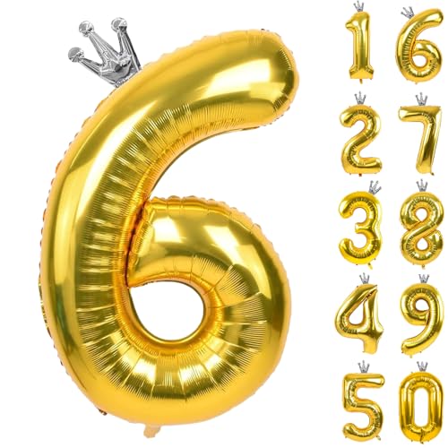 Goldener Ballon mit Zahl 6 mit Krone, 101,6 cm, goldene Zahlenballons 0–9, für Geburtstagsparty, Jahrestag, Dekorationen, Zubehör Goldener Ballon mit Zahl 6 mit Krone, 101,6 cm, goldene Zahlenballons 0–9, für Geburtstagsparty, Jahrestag, Dekorationen, Zubehör von CHANGZHONG