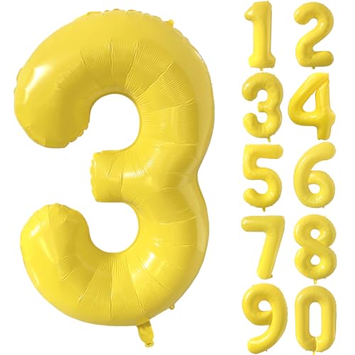 Großer gelber Ballon Zahl 3, 101,6 cm, gelbe Zahlen-Folienballons, 3 Luftballons für Geburtstagsparty-Dekorationen, Mädchen, Jungen, Babyparty, Hochzeitstag, Zubehör (Digital 3) von CHANGZHONG