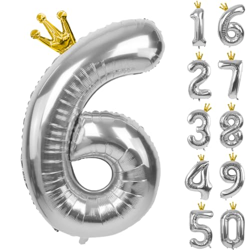 Luftballons Zahl 6 Silber mit Krone, 101,6 cm Hellsilber 6 Ballon 6 Geburtstag Party Dekoration Silber Krone Ballons 0-9 für Geburtstagsfeier Jubiläum Dekorationen Supplies Luftballons Zahl 6 Silber mit Krone, 101,6 cm Hellsilber 6 Ballon 6 Geburtstag Party Dekoration Silber Krone Ballons 0-9 für Geburtstagsfeier Jubiläum Dekorationen Supplies von CHANGZHONG