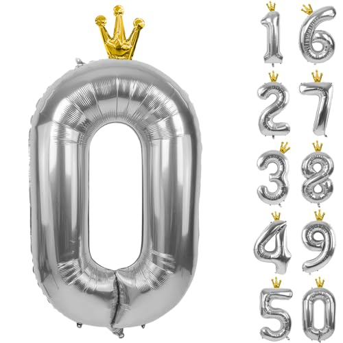 Silberfarbene Luftballons mit Krone, 101,6 cm, hellsilber, 0 Ballon, silberfarbene Kronenballons 0-9, für Geburtstagsparty, Jahrestag, Dekorationen, Zubehör Silberfarbene Luftballons mit Krone, 101,6 cm, hellsilber, 0 Ballon, silberfarbene Kronenballons 0-9, für Geburtstagsparty, Jahrestag, Dekorationen, Zubehör von CHANGZHONG