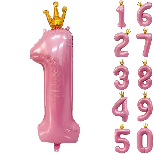 Zahlen 1 Luftballon 40 Zoll Rosa Zahl Ballons mit Krone Zahlenballons mit Krone Rosa Krone Ballon Zahlen 0-9 für Geburtstag Party Dekorationen Mädchen Geburtstag Dekor von CHANGZHONG