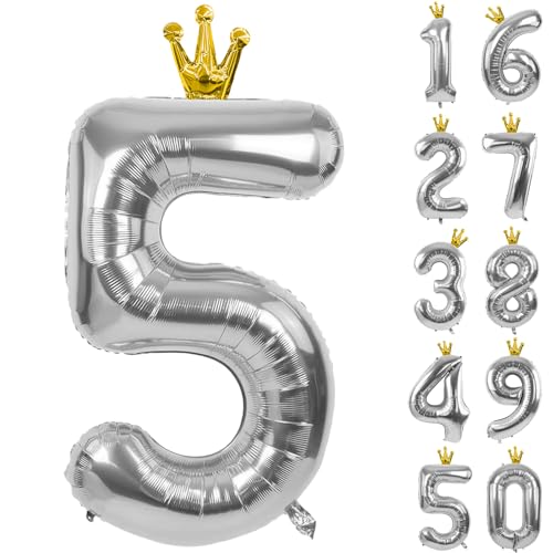 Zahlen 5 Luftballon 40 Zoll Silber Zahl Ballons mit Krone Zahlenballons mit Krone Silber Krone Ballon Zahlen 0-9 für Geburtstag Party Dekorationen Mädchen Geburtstag Dekor von CHANGZHONG