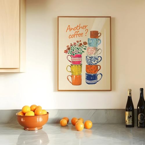 Buntes, lustiges Kaffeetassen-Wandkunst-Poster mit Blumenmotiv „Another Coffee“, modernes, trendiges Leinwandgemälde für Restaurant- und Küchendekoration (50 x 70 cm/auf Leinwand gewickelt) von CHAOJIART