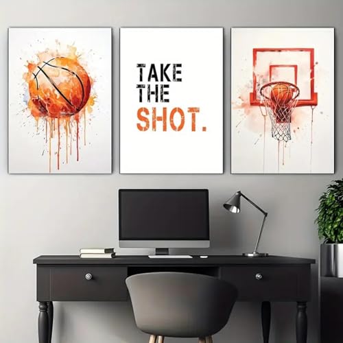 CHAOJIART 3-teiliges Basketball-Kunstdekor auf Leinwand, moderne, klassische Aquarell-Sportposter, Tinte auf Leinwanddrucken für das Home Office, 70 x 90 cm x 3 Innenrahmen von CHAOJIART