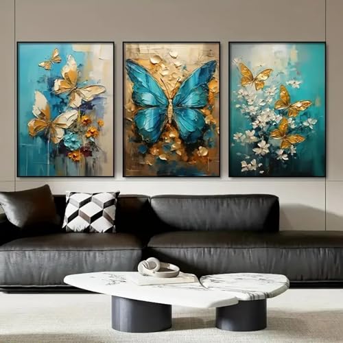 CHAOJIART 3-teiliges Leinwandbild mit goldenem und blauem Schmetterling, strukturiertes Ölgemälde, Leinwanddruck, Poster, Wanddekoration für Wohnzimmer, 50 x 70 cm x 3 Innenrahmen CHAOJIART 3-teiliges Leinwandbild mit goldenem und blauem Schmetterling, strukturiertes Ölgemälde, Leinwanddruck, Poster, Wanddekoration für Wohnzimmer, 50 x 70 cm x 3 Innenrahmen von CHAOJIART