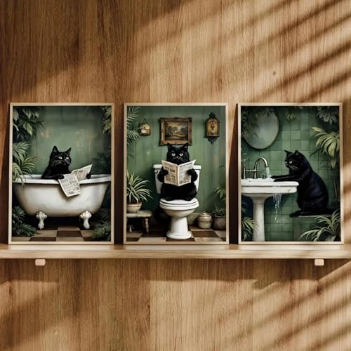 CHAOJIART 3-teiliges Leinwandposter, interessante Kunstposter im Badezimmerstil mit schwarzer Katze, Wandkunst, Leinwandgemälde, Wohnzimmerdekoration, 40 x 60 cm x 3 Innenrahmen CHAOJIART 3-teiliges Leinwandposter, interessante Kunstposter im Badezimmerstil mit schwarzer Katze, Wandkunst, Leinwandgemälde, Wohnzimmerdekoration, 40 x 60 cm x 3 Innenrahmen von CHAOJIART