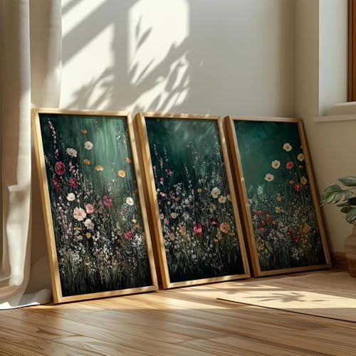 CHAOJIART 3-teiliges Vintage-Leinwandbild mit grünen Wildblumen, botanisches Kunstwerk, modernes Bauernhaus-Blumen-Wanddekor für Schlafzimmer, Wohnzimmer, 70 x 90 cm x 3 Innenrahmen von CHAOJIART
