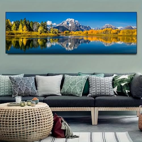 CHAOJIART Flache 2D-Leinwanddrucke mit Bergen und gelbem Laub, Poster, moderne Landschaft, große horizontale Kunstdrucke, Wandkunst, Schlafzimmerdekoration (50 x 150 cm/Leinwand umwickelt) von CHAOJIART
