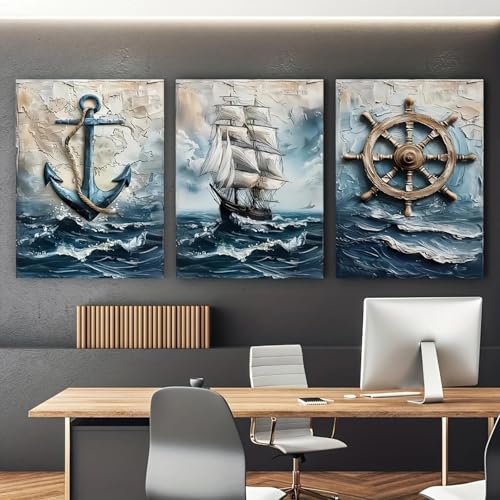CHAOJIART Nautische Kunstdrucke auf Leinwand, moderne Wandgemälde mit Anker, Schiff, Steuerrad für Wohnzimmer, Retro-Poster mit maritimer Landschaft, 40 x 60 cm x 3 Innenrahmen von CHAOJIART