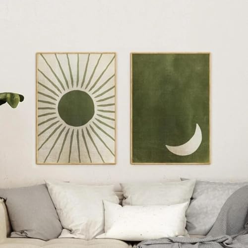 CHAOJIART Salbeigrüne Wandkunst-Abstraktion, olivgrüne Wandkunst, Sonne und Mond, ein Set mit 2 Drucken, Tag- und Nachtkunst, Leinwandgemälde, 40 x 60 cm x 2 Innenrahmen von CHAOJIART