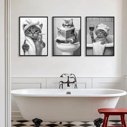 CHAOJIART Schwarz-weißes Leinwandbild mit niedlichen Tieren, lustige Katzendrucke, Poster für die Toilette, Wandkunst, 40 x 60 cm, Innenrahmen CHAOJIART Schwarz-weißes Leinwandbild mit niedlichen Tieren, lustige Katzendrucke, Poster für die Toilette, Wandkunst, 40 x 60 cm, Innenrahmen von CHAOJIART