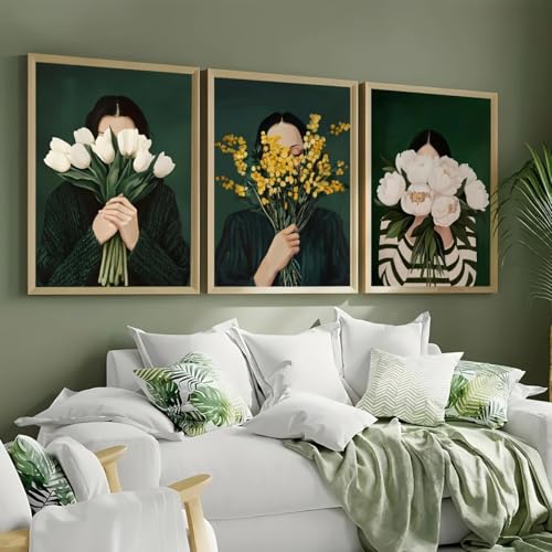 CHAOJIART Stück Smaragdgrüne Blumen Frauen Streifen Abstrakte Leinwanddrucke Gemälde Vintage Japandi Kunststil Wohnzimmer Wohnkultur (40 x 60 x 3 cm/Leinwandumschlag) von CHAOJIART