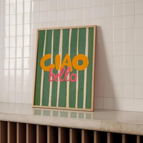 „Ciao Bella“, italienisches Vintage-Poster mit Salbeigrün und weißen Streifen, Leinwanddruck, modernes minimalistisches Kunstdruck-Wandbild, Heimdekoration (60 x 90 cm/auf Leinwand gewickelt) von CHAOJIART