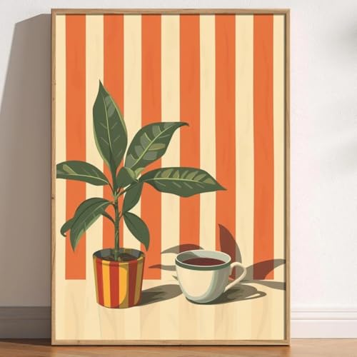 Leinwanddrucke im Vintage-Stil mit Kaffeepflanze und warmen Streifen, Poster, Retro-Minimalismus, Kunstdrucke, Schlafzimmer, Wandkunst, Heimdekoration, Kunstbilder (50 x 70 cm/auf Leinwand gewickelt) von CHAOJIART