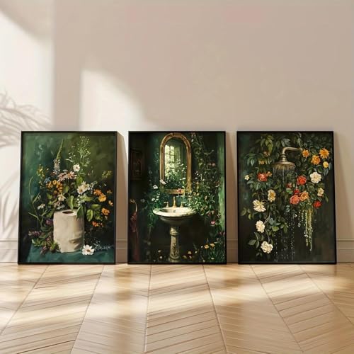 Retro-Wandkunstdrucke mit dunkelgrünem Dusch- und Waschbecken-Toilettenpapier und Blumenmotiv, Vintage-Botanik-Motive, stimmungsvolle Leinwandposter, Badezimmerdekor, 70 x 90 cm, 3 Innenrahmen von CHAOJIART