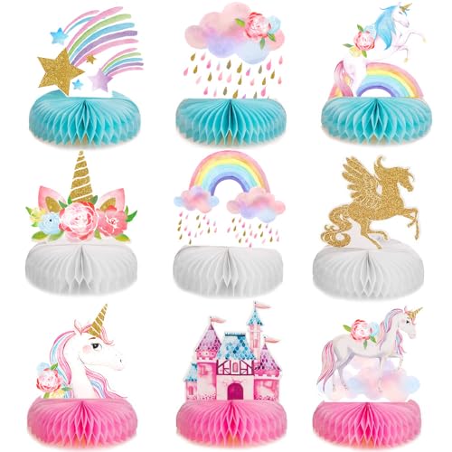 9 Stück Tischdeko Einhorn Bienenwabe Einhorn Party Deko 3D Tischdeko Geburtstag Einhorn Tortendeko Papier Herzstück Tischaufsätze Dekoration für Mädchen Geburtstag Thema Party Tischdeko von CHAOTEMAI