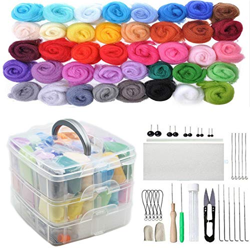 Nadelfilz Set 40 Farben Filzset für Anfänger - Filzwolle Märchenwolle Starter Kit, Filzwolle Basteln mit Werkzeug Set für Nassfilzen und Trockenfilzen DIY Handwerk von CHAWHO