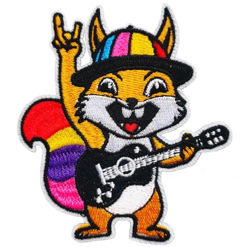 CHBROS Bunte Eichhörnchen spielen die Gitarre, bestickte Aufnäher, Rockmusik, zum Aufbügeln oder Aufnähen auf Kleidung, Jacken, T-Shirts, Rucksäcke, Mützen usw von CHBROS