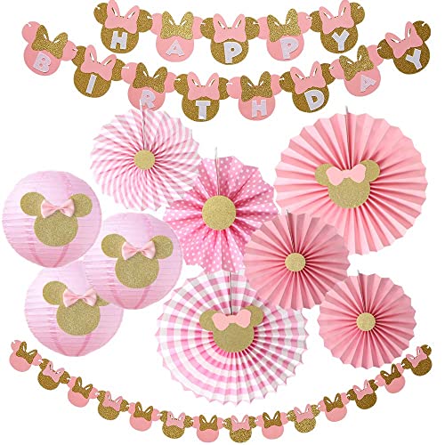 Minnie Maus Geburtstagsparty-Dekoration, Partyzubehör für Mädchen, 1. 2. 3. Geburtstag, Minnie Happy Birthday Banner, Minnie Mouse Girlande, Pink und Gold, Minnie Papierfächer von CHCN