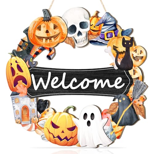 CHDITB Halloween Willkommensschild,Frohes Halloween Dekoration,Totenkopf Kürbis Haustür Girlande Dekoration,Rustikale Hush Geist Kürbis Hängende Holz Girlande,Halloween Party Zubehör Willkommensschild von CHDITB