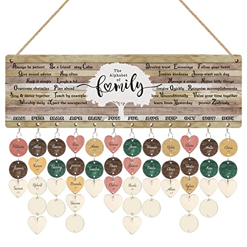 The Alphabet of Family Erinnerungskalenderbrett (40.6x12.7 cm), DIY Geburtstagsgeschenk für Muttertag, Weihnachten, Holz Geburtstag Tracker Plakette Wandbehang mit 100 Herz-/Kreis-Anhängern von CHDITB