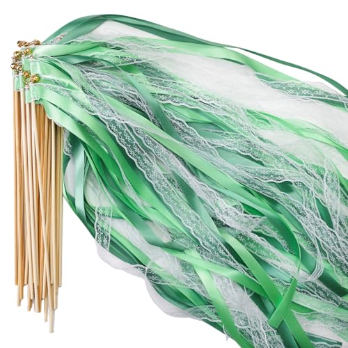 50 Stück Wedding Wands mit Glocke, Zauberstäbe Hochzeit Luftschlangen, Luftschlangen mit Holzstäbchen werden für Hochzeiten Geburtstage Partys Feiertagsfeiern verwendet (Grün 50 Stück) von CHEERLINK