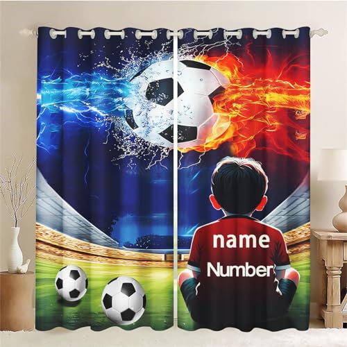 CHEFFS Fußball Vorhänge Blickdicht Verdunkelungsvorhänge Fußball Mit Ösen, Personalisierte Fußball Vorhang Gardinen Verdunklungsgardine 2er Set Für Jungen (1,100 x 140 cm(2X50X140cm)) von CHEFFS