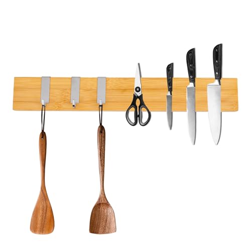 CHEFGASTRO Magnetleiste magnetische Messerleiste Messerhalter aus Bambus, 6,2x40x2,1cm, mit 3 silbernen Haken, Bambus, extra stark magnetischer Messerstreifen Messerblock zum Kleben oder Schrauben von CHEFGASTRO