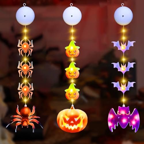 CHENBOOW Halloween Deko Lichterkette,3 Stück Halloween Kürbis Lichter,Fensterlichter mit Saugnapf,Kürbis Deko,Lichterkette Hängende,Beleuchtung Dekoration,für Karneval,Fasching,Mottoparty von CHENBOOW