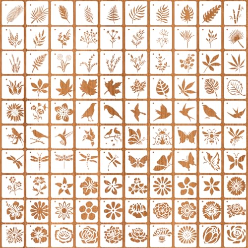 100 Stück Schablonen Set 5x5cm Blume Blätter Vogel Zeichnung Malschablonen DIY Malerei Schablonen Handwerk Vorlage Wiederverwendbar Blattmalerei Vorlagen für Scrapbooking Holz Möbel Deko von CHENGCKJ