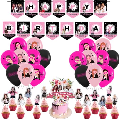 44PCS Black-P Geburtstag Party Dekoration Black-P Dekorationsset Geburtstagsparty Dekorationen Happy Birthday Banner Torteneinlage Kinderthemenparty Luftballons Black-P Fans von CHENGLI