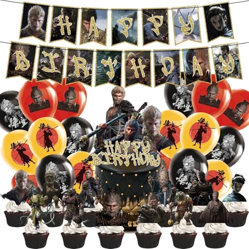 CHENGLI 44PCS Black Monkey Geburtstag Party Dekoration Set mit Black Wukong Fans, Luftballons, Flaggen und Ziehfahne für Kindergeburtstage und Partys von CHENGLI