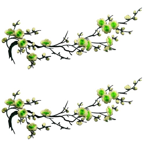 CHENGZI Pflaumenblüten-Blumen-Stickerei-Flicken, Applikation, Stoffaufkleber, Basteln, Nähen, Reparatur, Dekoration, 2 Stück (grün) von CHENGZI