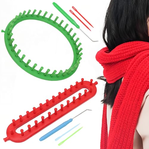 CHENNAN 2 Stück Strickrahmen Dichter Zahn Knitting Loom Set mit Haken und Wolle Nade Rund und Rechteckig Strickmaschine Knitting Loom Set für Stricken von Schals, Handschuhen, Mützen, Decken (25cm) von CHENNAN